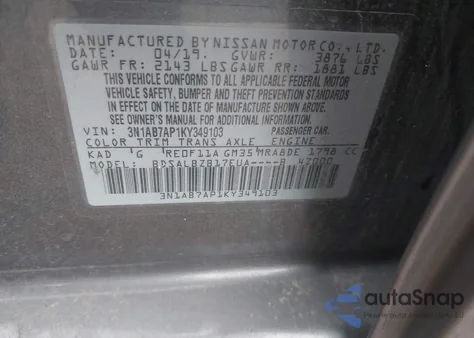 2019 Nissan Sentra S from USA, damaged, VIN 3N1AB7AP1KY349103